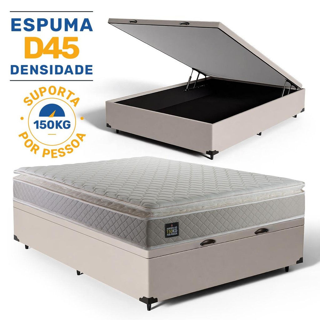 Cama Box Baú com Colchão de Espuma D45 Pillow Top Strong + 2 Trav Casal 138cm em Oferta na Shopee