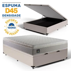 Cama Box Baú com Colchão de Espuma D45 Pillow Top Strong + 2 Trav Casal 138cm