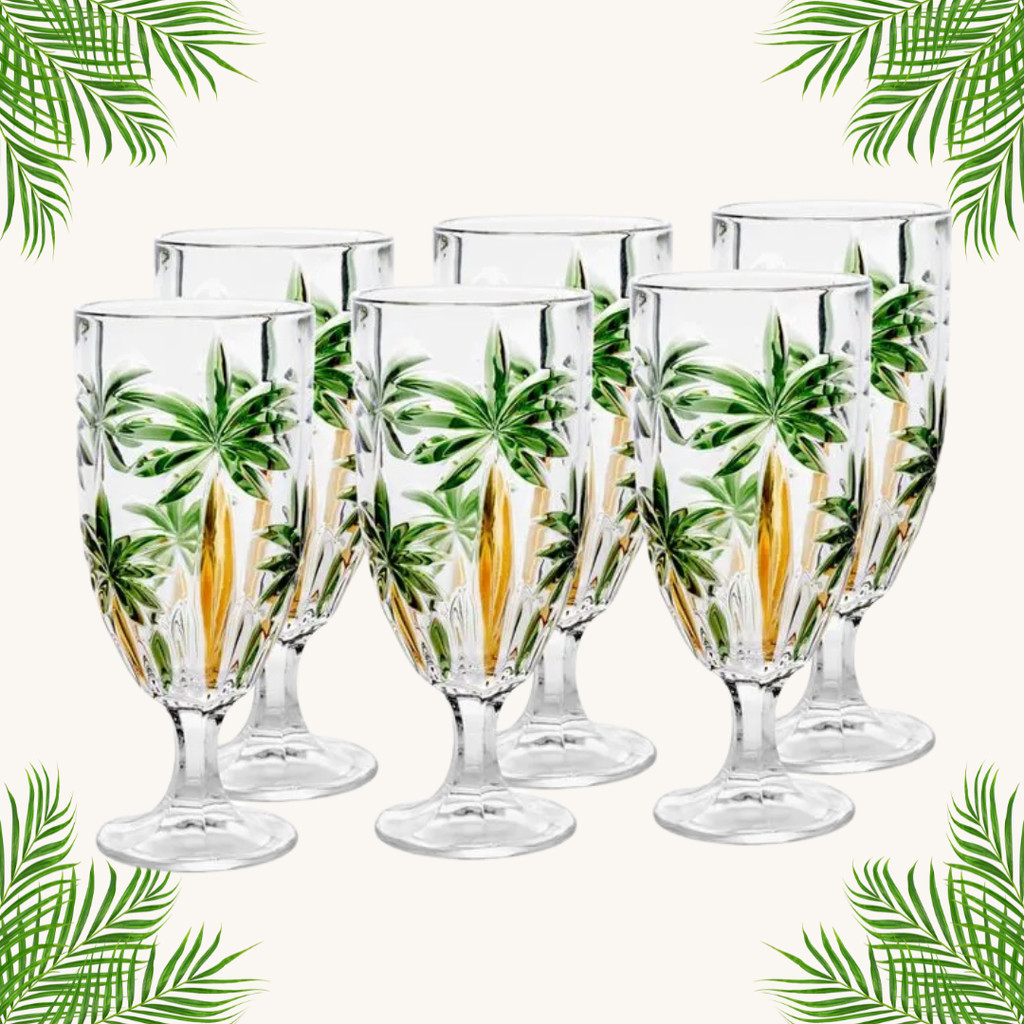 Kit Taças 6 Un Cristal Palm Tree Handpaint Bebidas 450ml Piscina Verão Coquetel