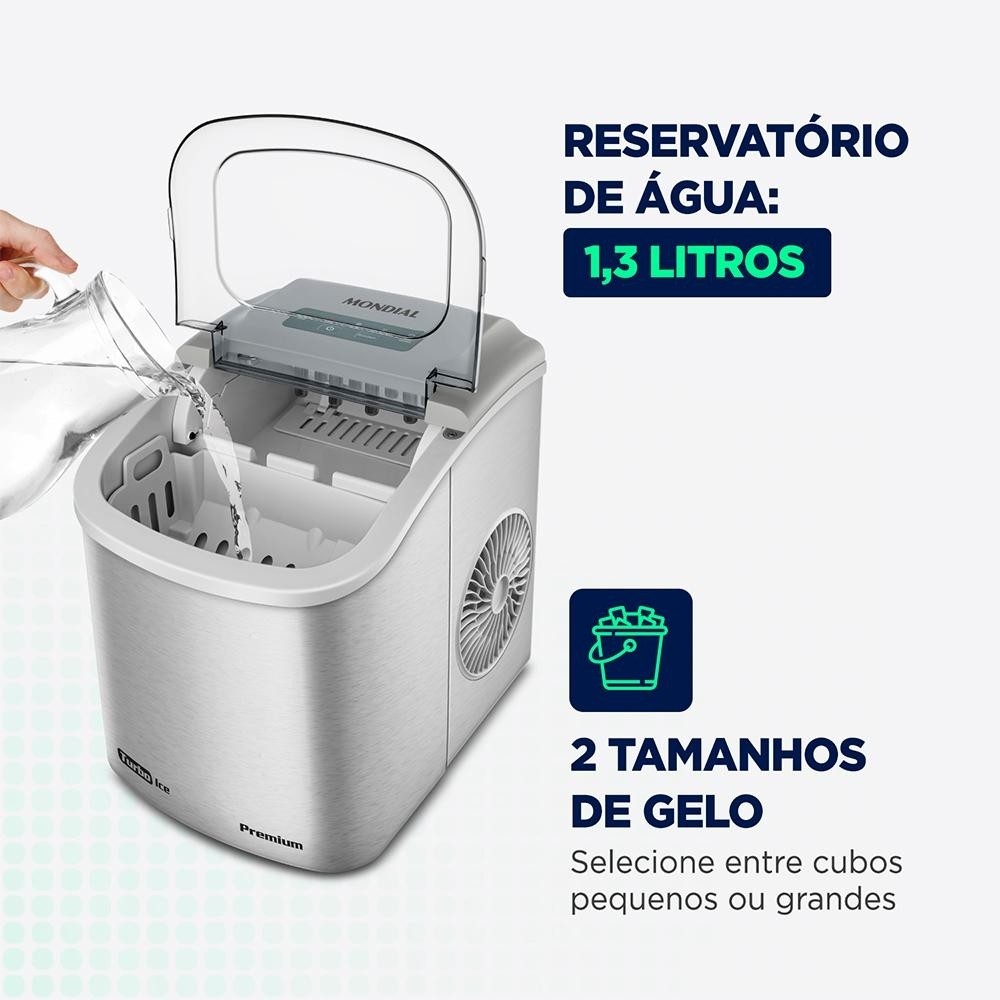 Detalhes do Máquina de Gelo 12Kg Turbo Ice Premium Mondial MG12GI Cinza 220V