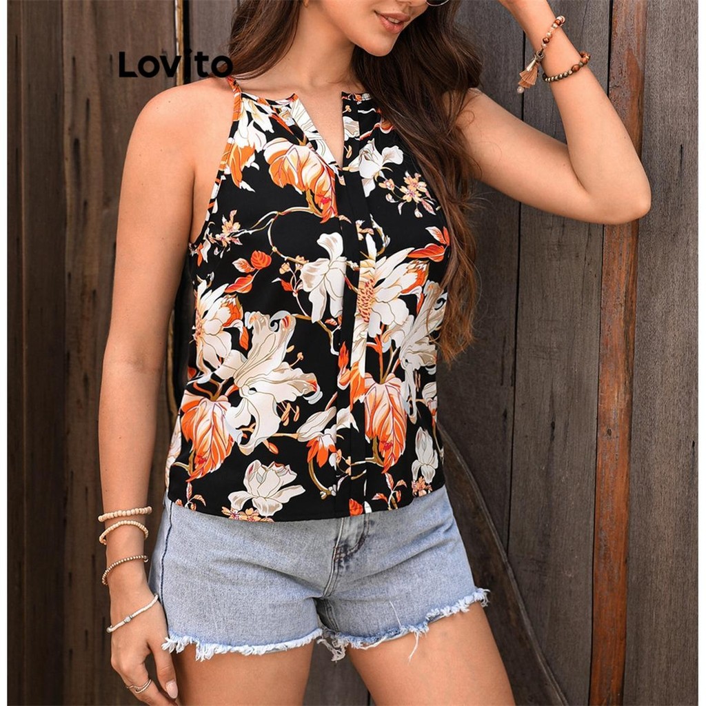 (Trendy) Lovito Regata Casual Com Flores Florais Para Mulheres LNL73218 em Oferta na Shopee
