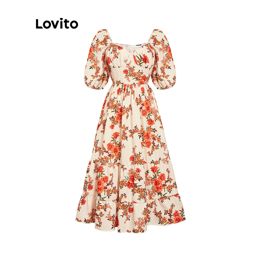 Lovito Vestido Elegante Floral Querida Babado Babado Babado Vestido Maxi Evasê Para Mulheres L45LD047 (Amarelo Claro) - Women Clothes