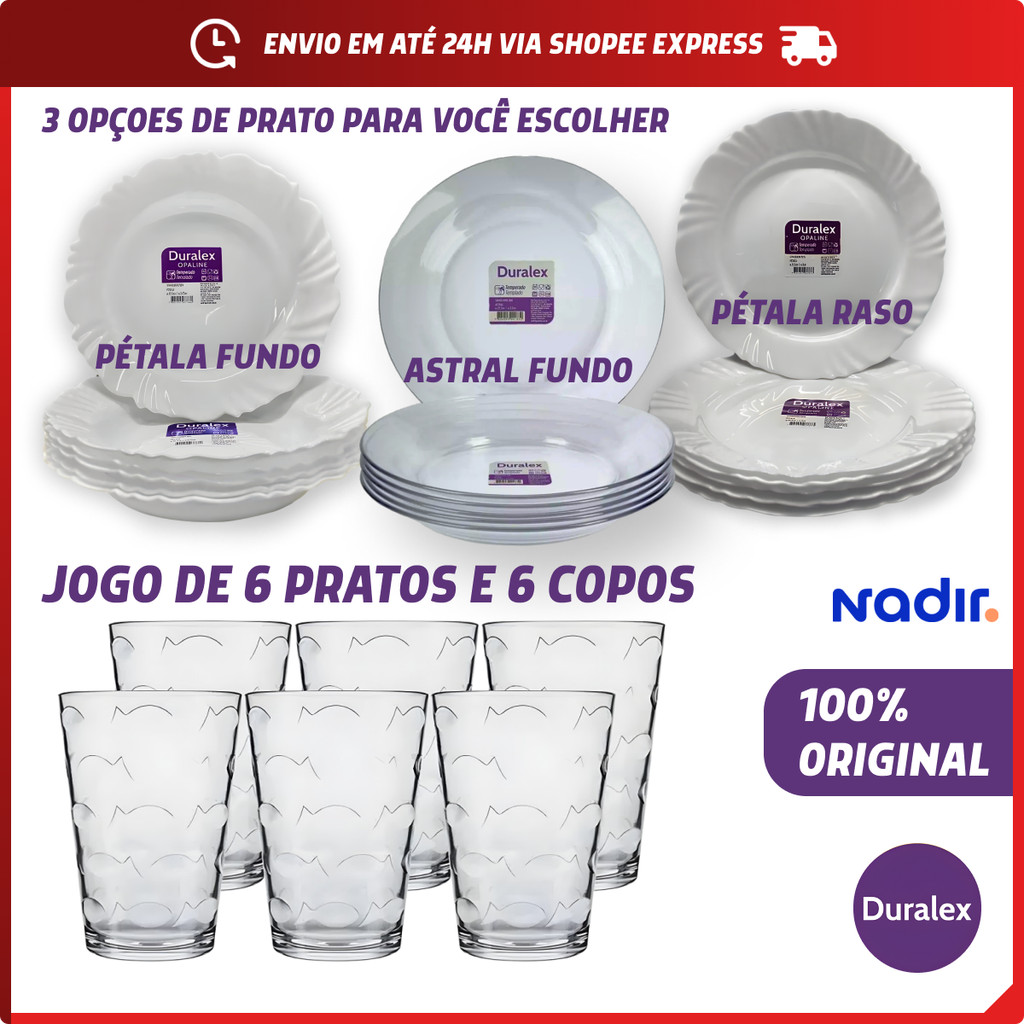 Jogo com 6 Prato Astral Fundo ou Pétala Raso ou Fundo e 6 Copos de Vidro Laguna 265ml Transparente Kit 12 Unidades em Oferta na Shopee