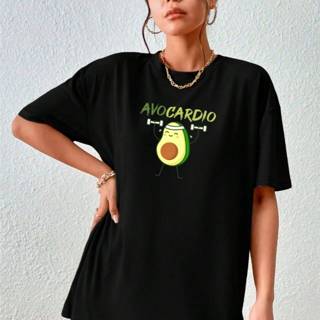 Camiseta Feminina Engraçada Algodão Estampada Oversized AvoCARDIO Treino Academia Cores Premium
