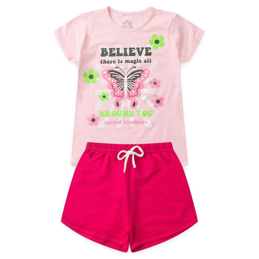 Conjunto Infantil Verão Menina Blusa Borboleta Algodão e Shorts Confortável Roupa Infantil Feminina