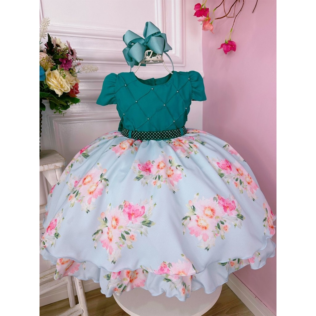 Vestido Infantil Verde Peito Nervura Saia Florida Pérolas Marca: Ninalice