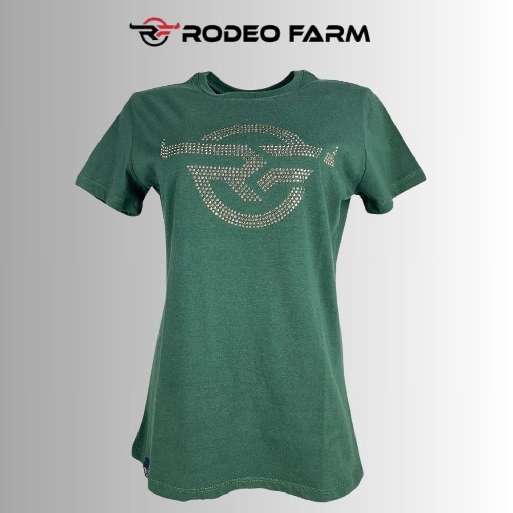 Camiseta Feminina Rodeo Farm Baby Look Manga Curta Verde Oliva Logo Com Strass