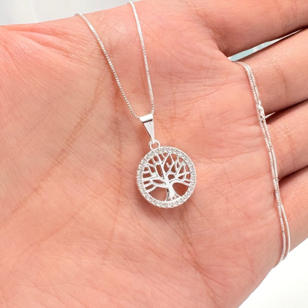 Colar com pingente de árvore da vida, simples e elegante, incrustado com zircônia, banhado a ouro 18k ou prata 925 em Oferta na Shopee