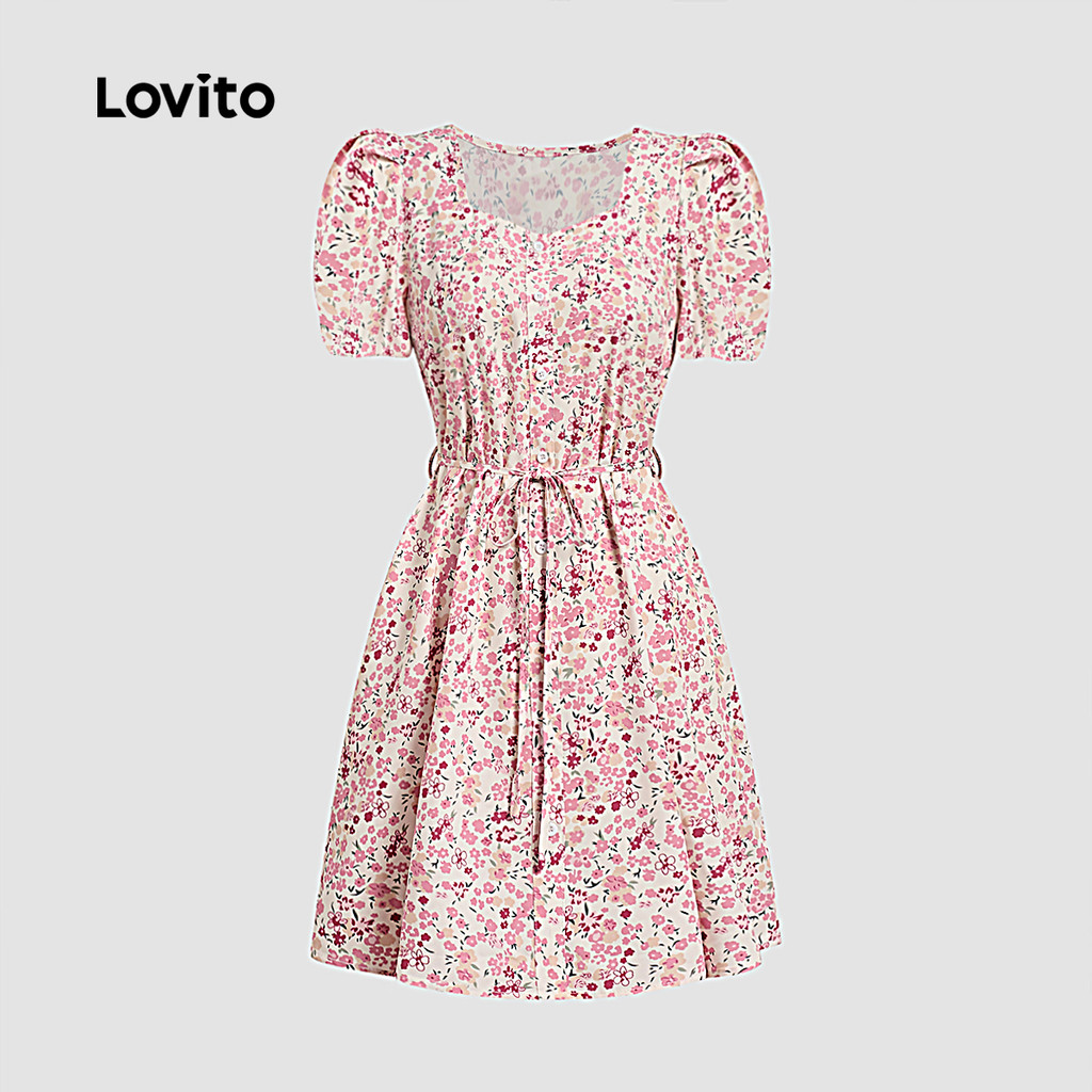 Detalhes do Lovito Vestido Boho com Botões Franzido Macio e Confortável Vestido Rosa para primavera/verão L137ED2894
