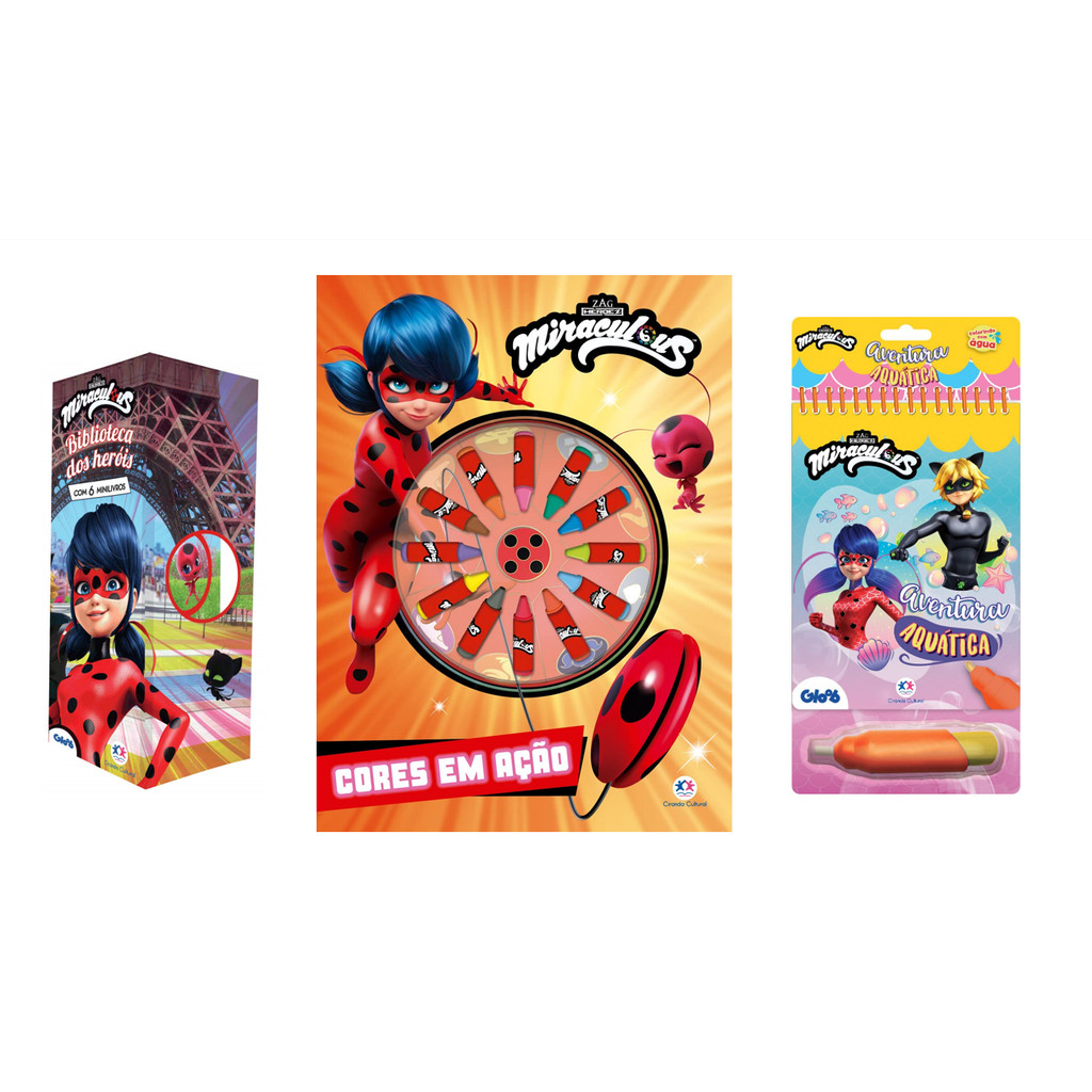 LIVROS INFANTIS LADYBUG - BIBLIOTECA DOS HERÓIS BOX TORRE - AQUABOOK LADYBUG E LIVRO DE COLORIR COM GIZ DE CERA