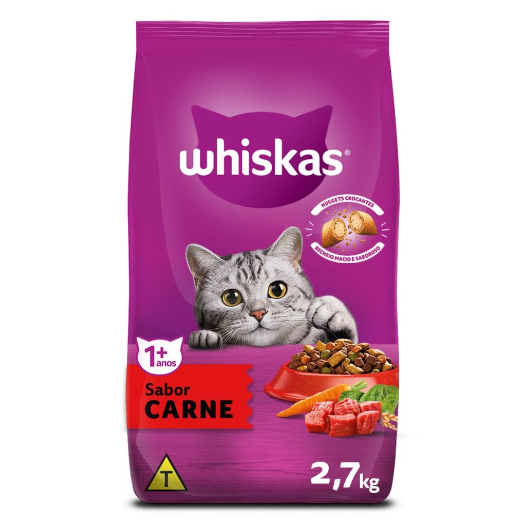 Ração Whiskas Gatos Adultos Sabor Carne 2,7kg Alimento Delicioso Premium Cat Proteina Bruta 30%