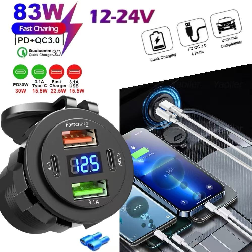 Novo 83W Duplo PD Tipo-C QC3.0 USB Carregador De Carro Tomada Com Voltímetro Adaptador De Energia À Prova Dwaterproof Ág em Oferta na Shopee