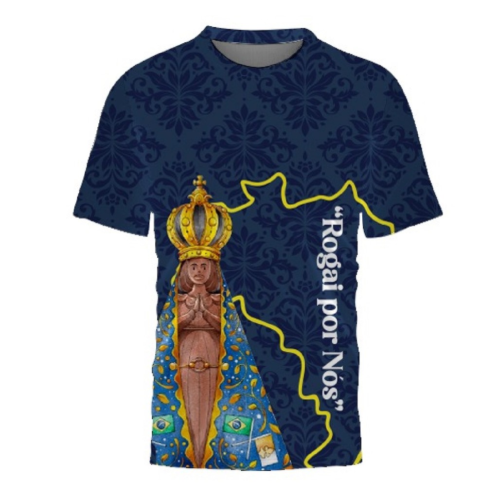 Camiseta 3D Católica Nossa Senhora Aparecida Fé Proteção Masculina Unissex Estampada Lançamento Exclusivo
