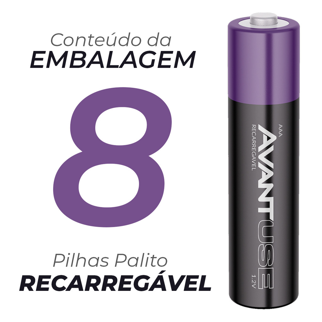 Detalhes do Kit 8 Pilhas Recarregável AAA Palito 1000MAH 1.2V Avant Use