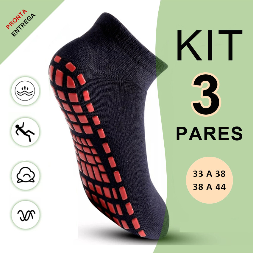 Imagem Kit 3 Pares Meia Antiderrapante Aeróbica Pilates Fisioterapia Yoga Idoso Adulto Infantil