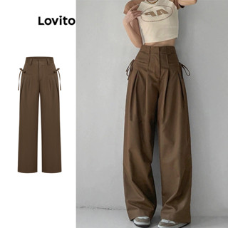 (Trendy) Lovito Calça Casual Com Gravata Lisa E Cordão Frontal Drapeada Para Mulheres L102AD026 em Oferta na Shopee