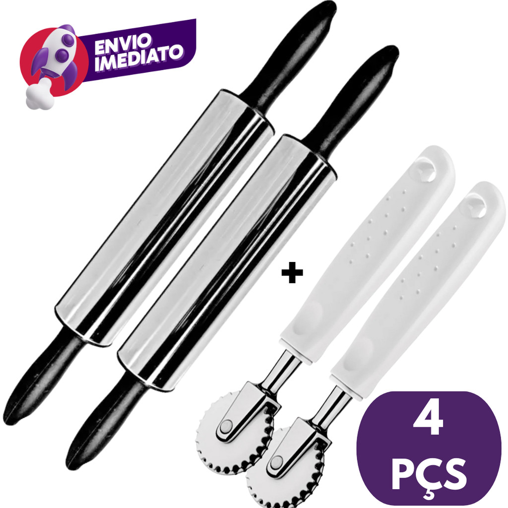 KIT 04 Un.: 02 ROLO PARA ABRIR MASSA INOX + 02 CARRETILHA CORTADOR MASSA CORTA E FECHA