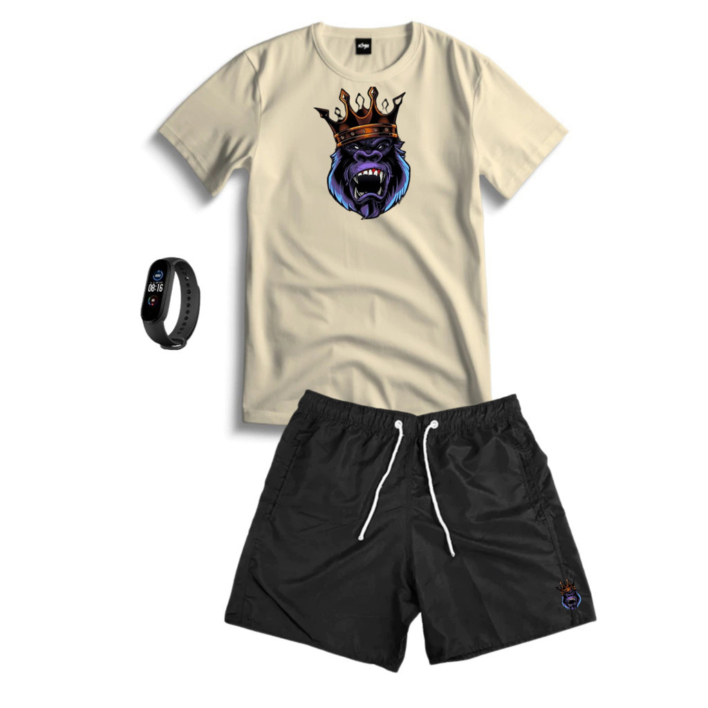 Conjunto Kit Masculino MONKEY KING Camisa 100% Algodão + Bermuda Tactel Estampada + Relogio Digital