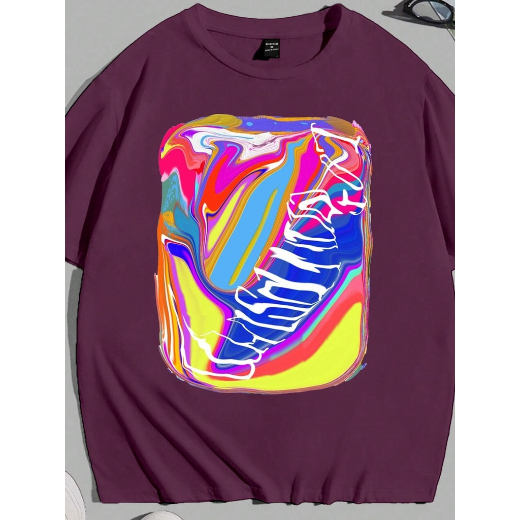 Camiseta Unissex Streetwear Rosa Confortável Estampada Desenho Colorido Abstrato Blusa Oversized