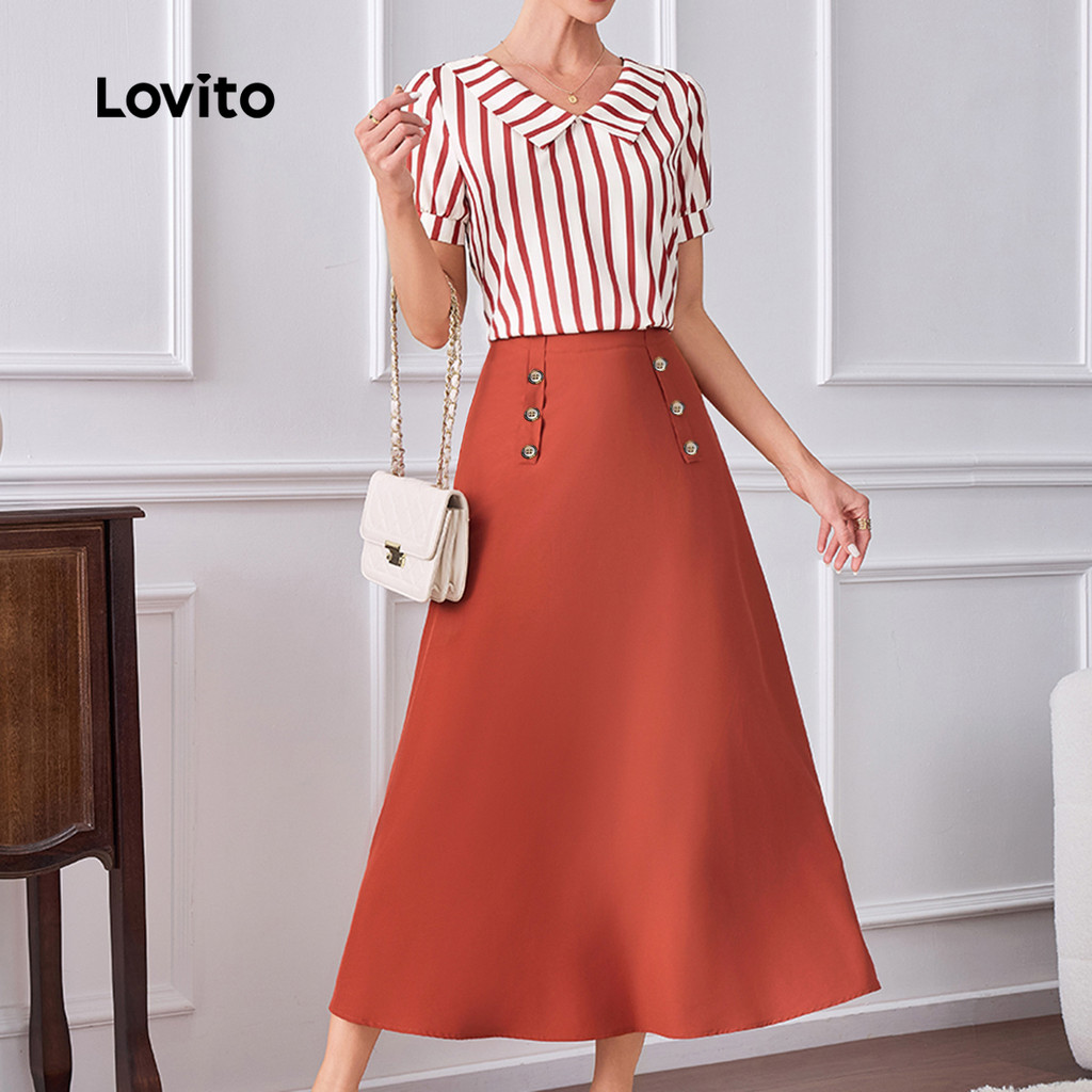 Lovito Blusas ou calças elegantes com gola contrastante e botões listrados para mulheres LBL23456 - Women Clothes