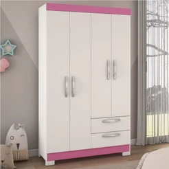 Guarda-Roupa Infantil 4 Portas 2 Gavetas Essen Flex Rosa/Branco - Pnr Móveis