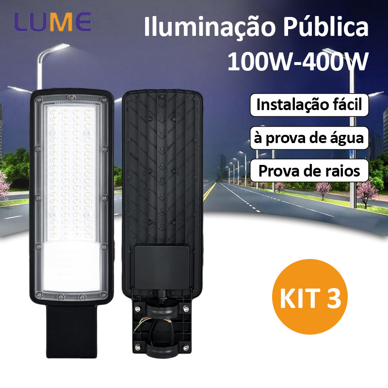 LUME Kit 3 Iluminação Pública Luminaria Led Smd Rua Publica Poste 100W a 400W Prova Dagua IP66-WX-lu08