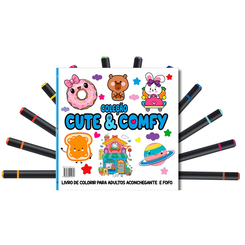 Cute & Comfy Coloring Book for Adults - Fofo e Aconchegante - Livro de Colorir Adulto + 12 Canetas   L133