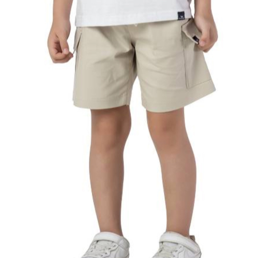 Bermuda Infantil Menino Bolso Cargo Sarja Lisa Bege Elástico