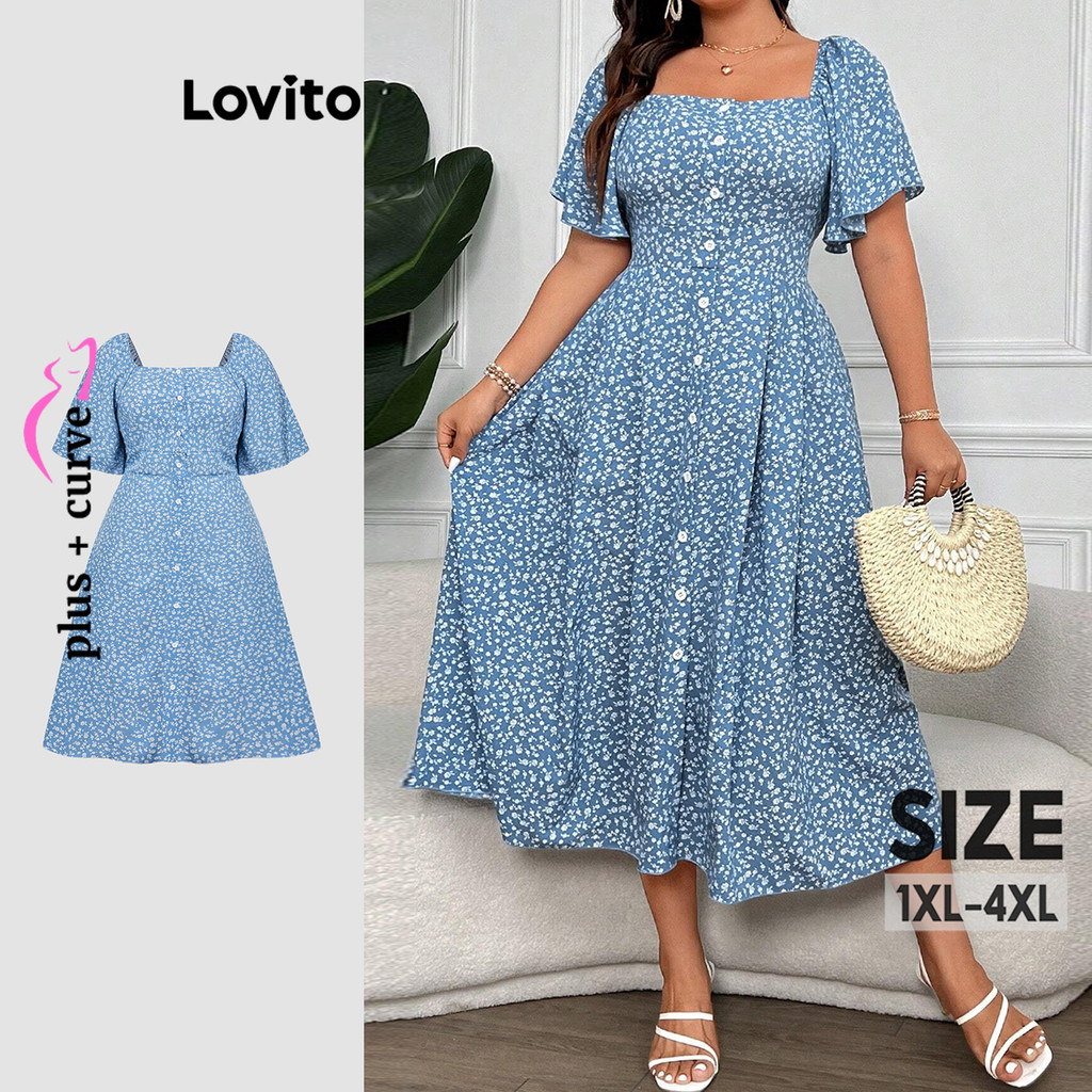 Lovito Vestido Elegante Curva Plus Size Ditsy Floral Botão Vestido De Verão/Primavera Para Mulheres LBL20308 - Women Clothes