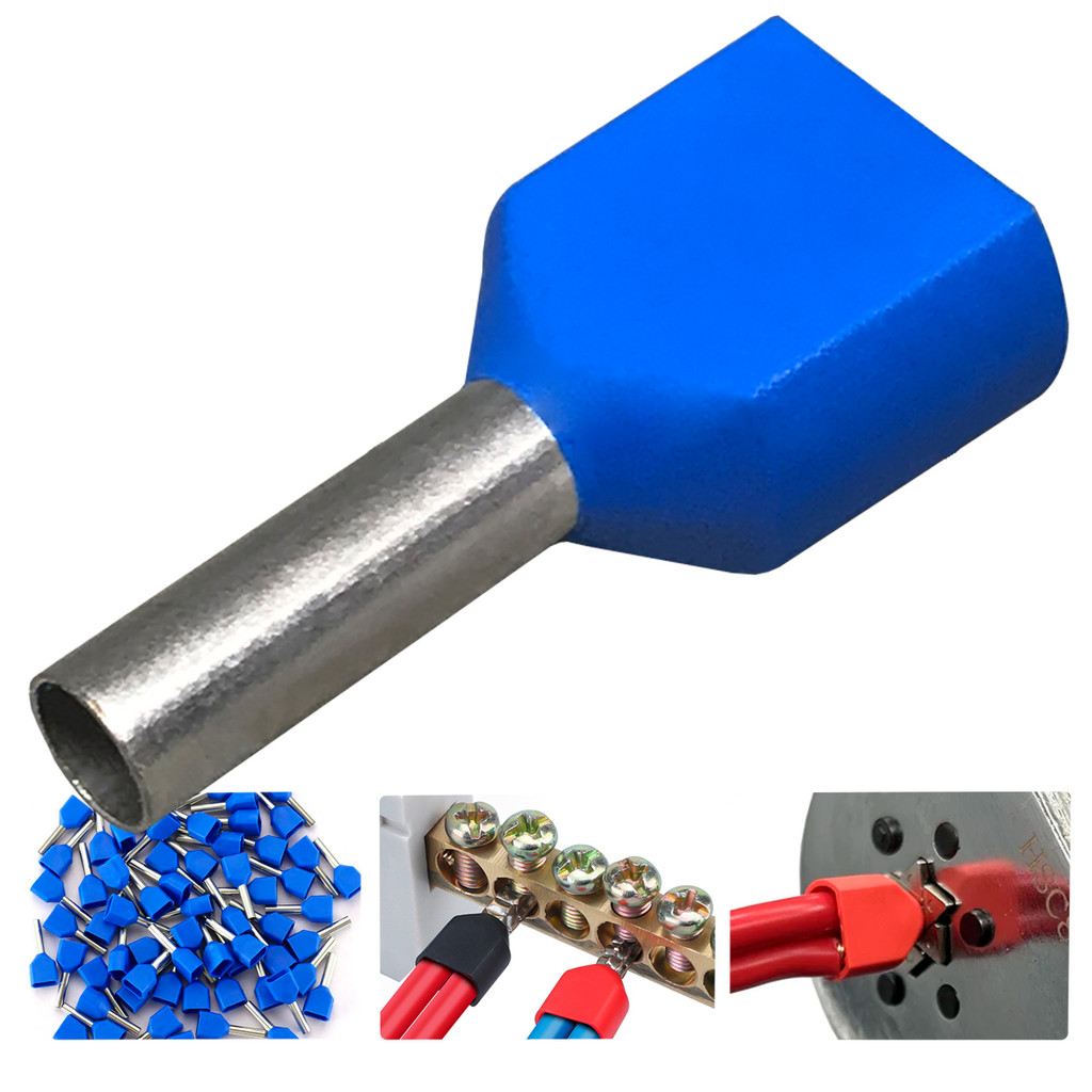 Kit 100 Terminal Tubular Ilhós 2,5mm Duplo Pre isolado Tubo Conector Elétrico para Cabos e Fios Azul em Oferta na Shopee