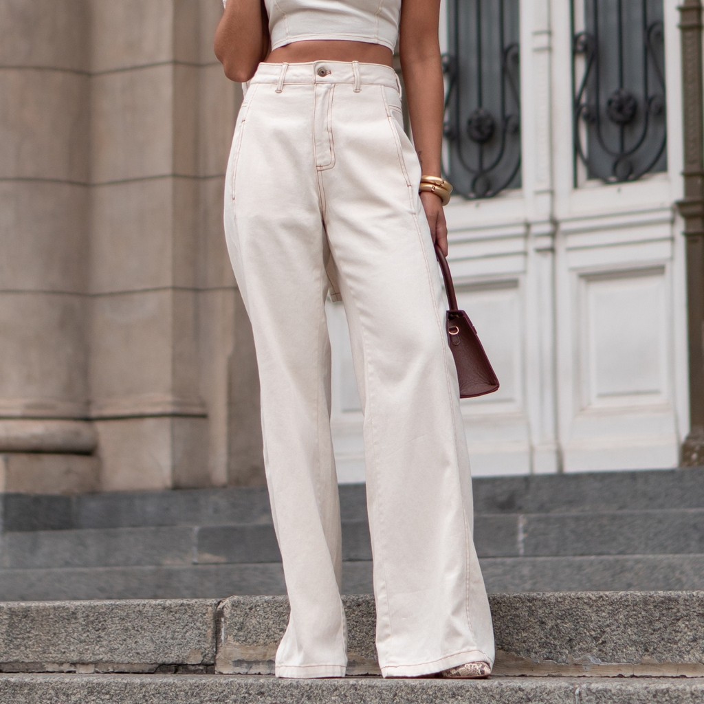 Calça Wide Leg Slim Cintura Alta Feminina Jeans Pantalona Moda Bolsos Premium Social Casual Básica