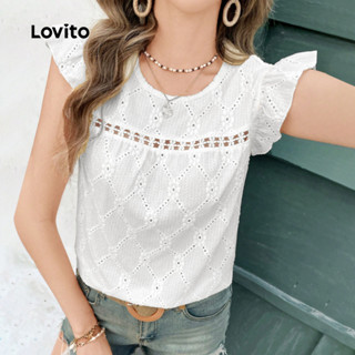 (Trendy) Lovito Blusa Casual Babado Trança Ilhó Bordado Primavera/Verão Blusa Branca Para Mulheres L135ED323 em Oferta na Shopee