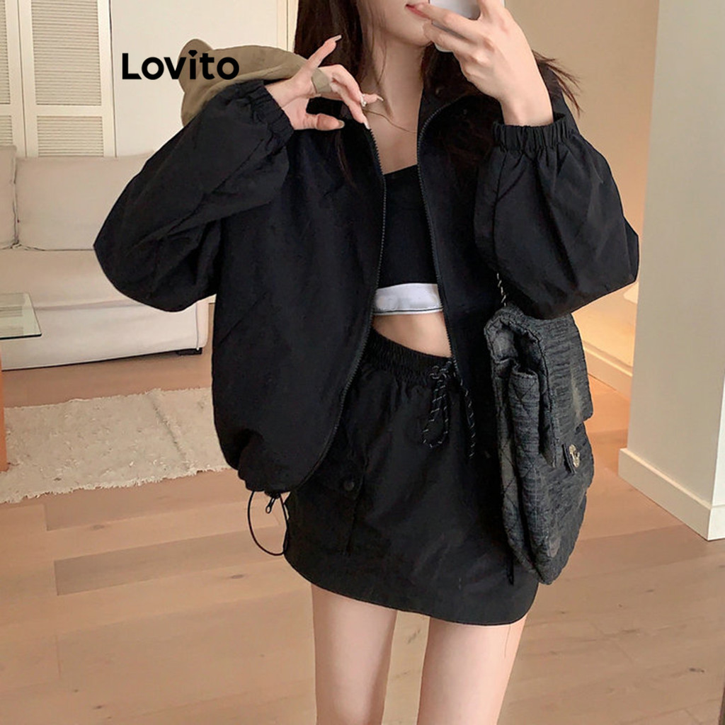 (Trendy) Lovito Jaqueta Casual Com Zíper E Bolso Corta-Vento Com Cordão/Jaqueta Impermeável Para Mulheres L100MD285 em Oferta na Shopee