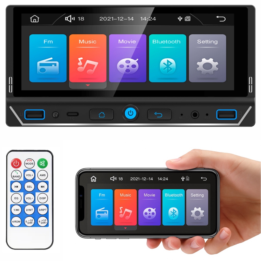 Central Multimídia MP5 Roadstar 1 Din RS686BR 6.86 pol Espelhamento BT 2 USB SD AUX FM