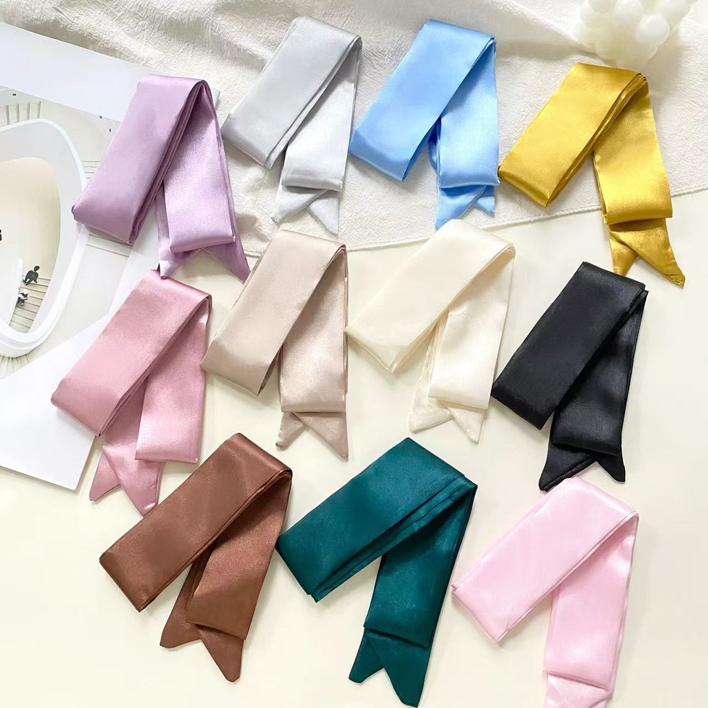 Estilo Coreano INS Lenço de Seda Longo Estreito de Cor Sólida Laço Elegante de Cetim Laço de Cabelo Versátil Pequeno Len
