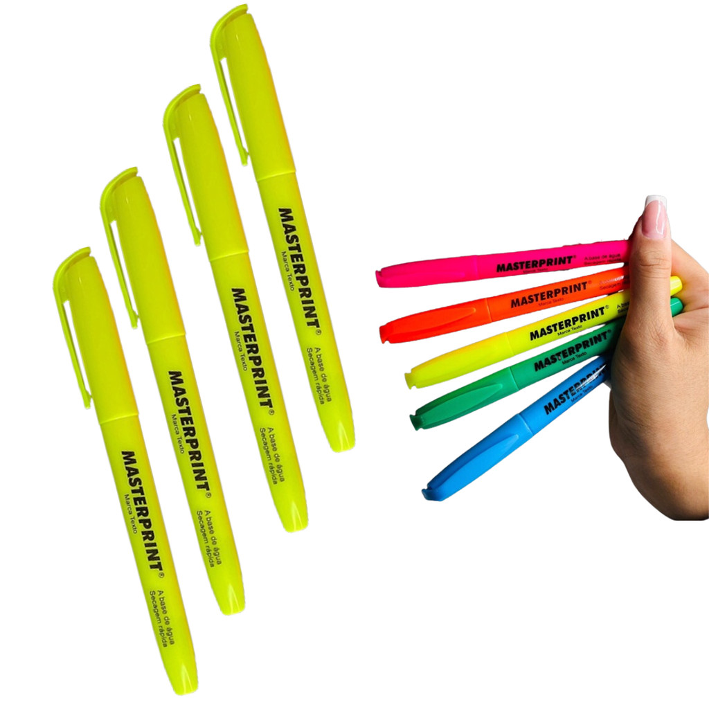 4 Un Marca Texto Neon Amarelo Masterprint Ponta Chanfrada Secagem Rápida em Oferta na Shopee