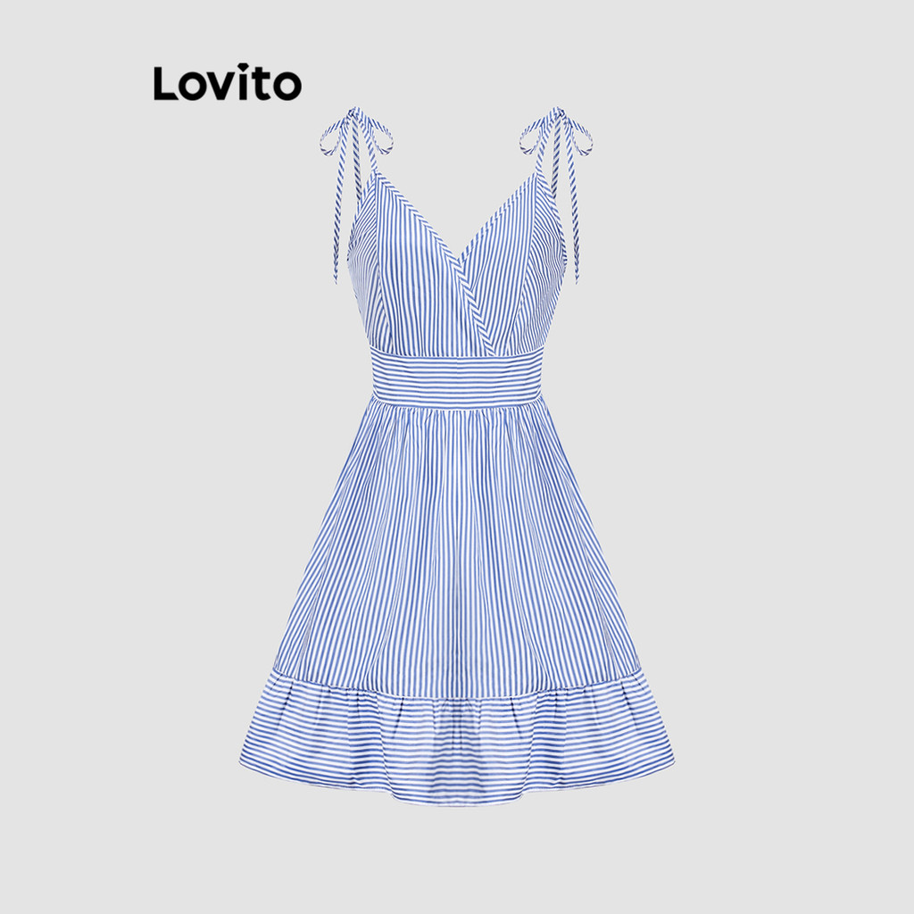 Lovito Vestido casual listrado com renda e babados na bainha para mulheres LBL20164 - Women Clothes