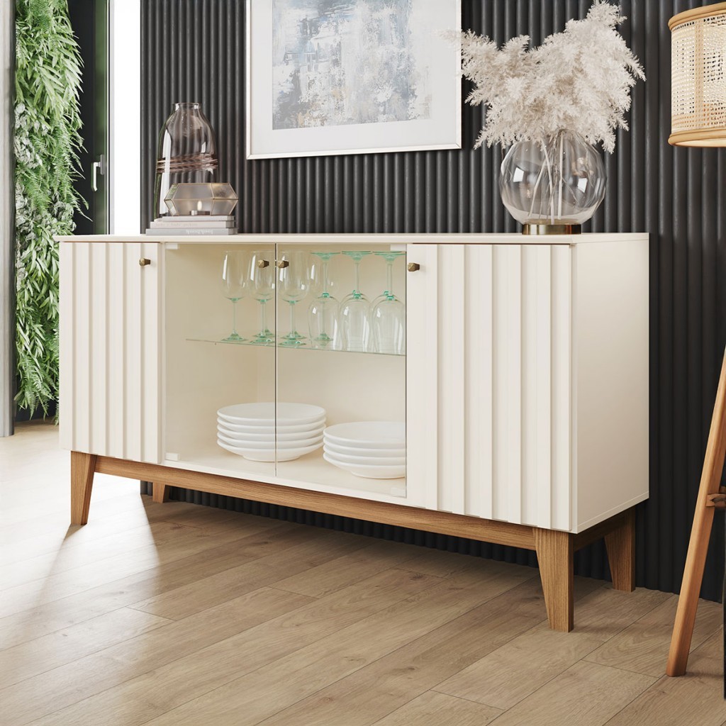 Balcão Buffet Bali 4 Portas Ripado com Vidro Off White/Nature - Henn - Home & Living