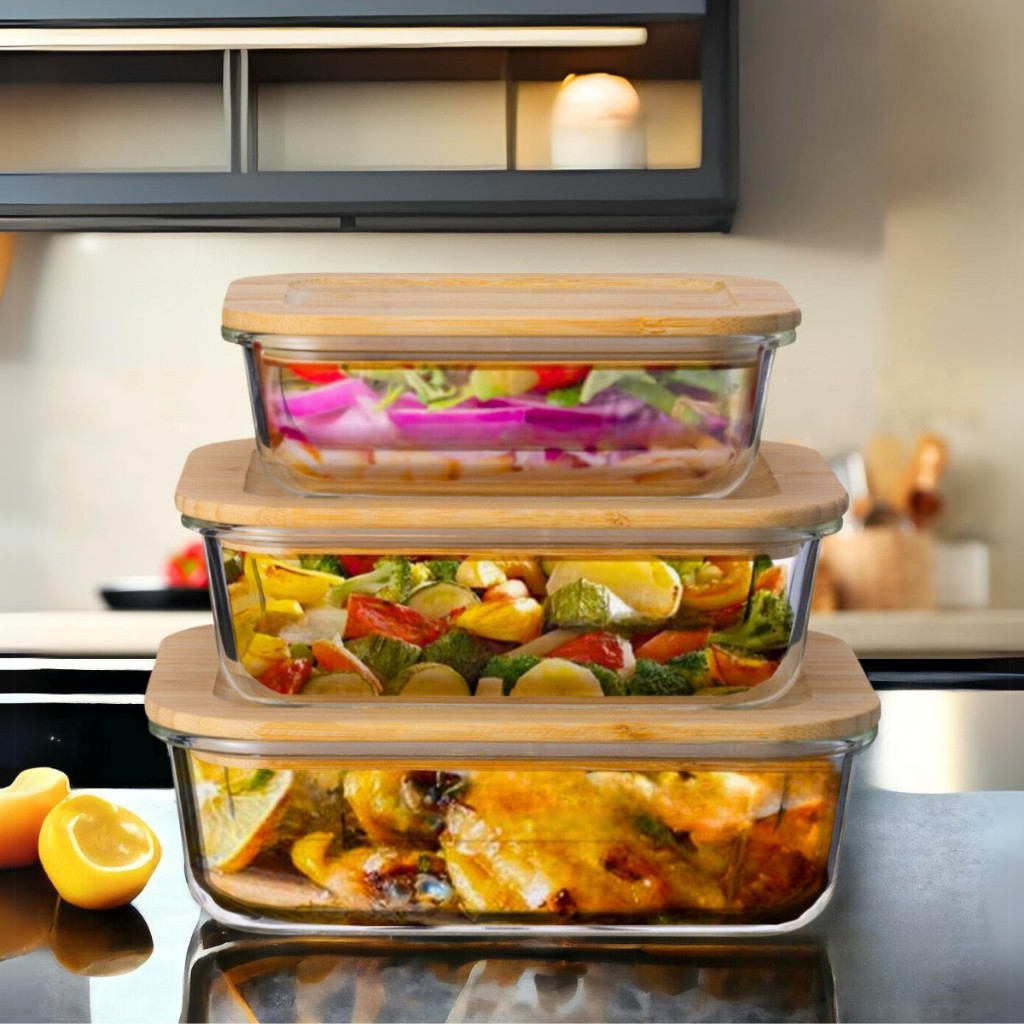 Tupperware Tapuer  Em Vidro tampa madeira Borossilicato 330ml/630ml/ 1030ml lDesign Decorativo Elegante Com Tampa De Bam