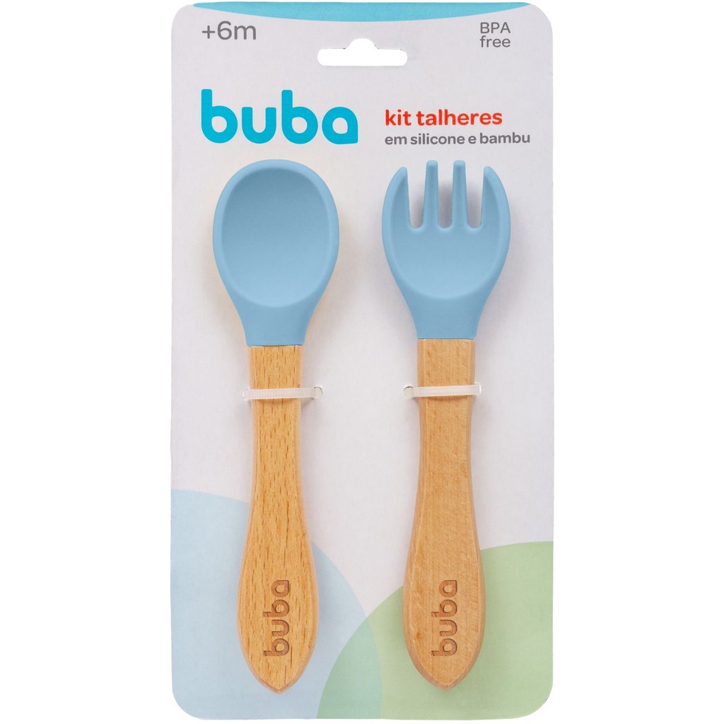 Colher Bambu e Silicone Buba Kit Colher e Garfo Introdução Alimentar Bebê Buba Talheres Azul Bebe Menino