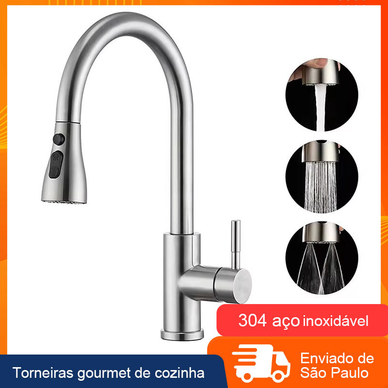 Torneira Gourmet Pia Cozinha Aço Inox 304 Com quente e frio Flexível Misturador Monocomando Pull Down Ducha Spray