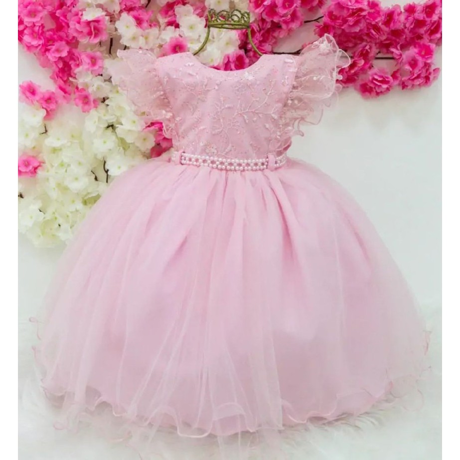 vestido festa infantil rosa daminha luxo realeza rosa bebe RN a 3 anos