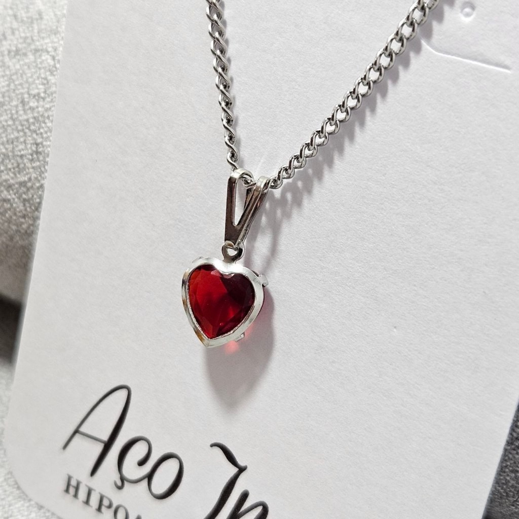 Colar Coração Feminino Pedra Zircônia Vermelho  Aço Inox em Oferta na Shopee