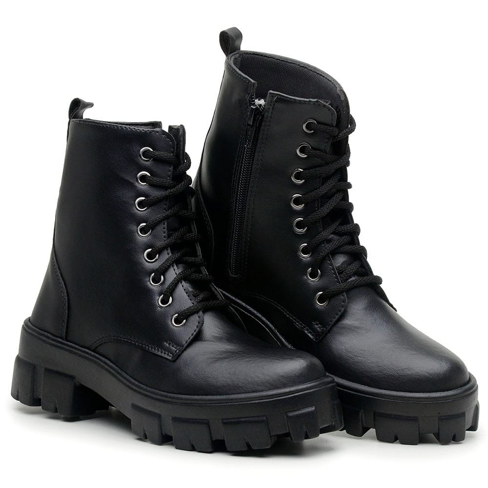 Coturno Preto Feminino Tratorado Plataforma Bota Blogueira Militar Confortável Moda Inverno Zíper