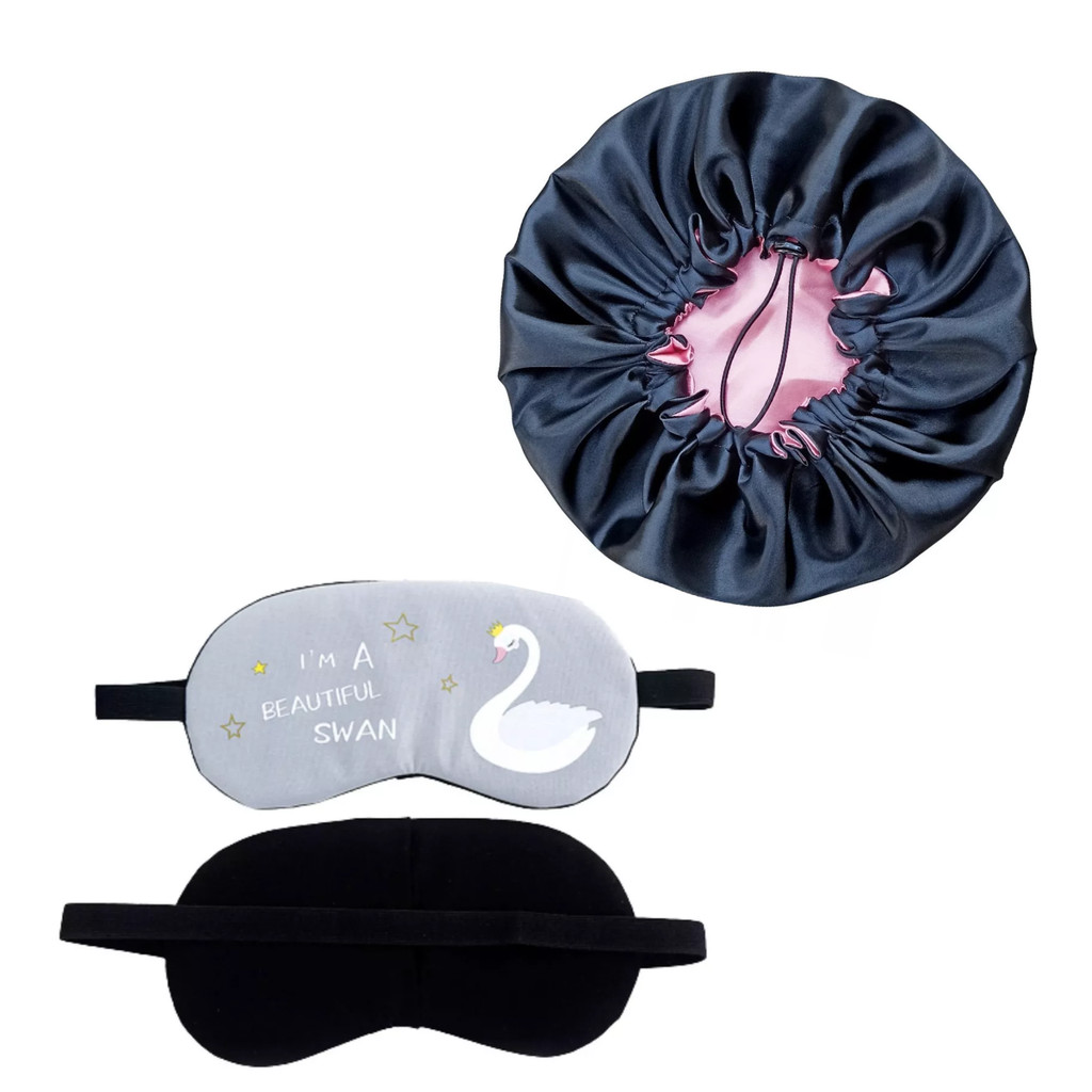 Kit Touca Cetim Regulável Dupla Face Anti Frizz De Dormir + Máscara Para Olhos Térmica Para Descanso E Redução Olheiras