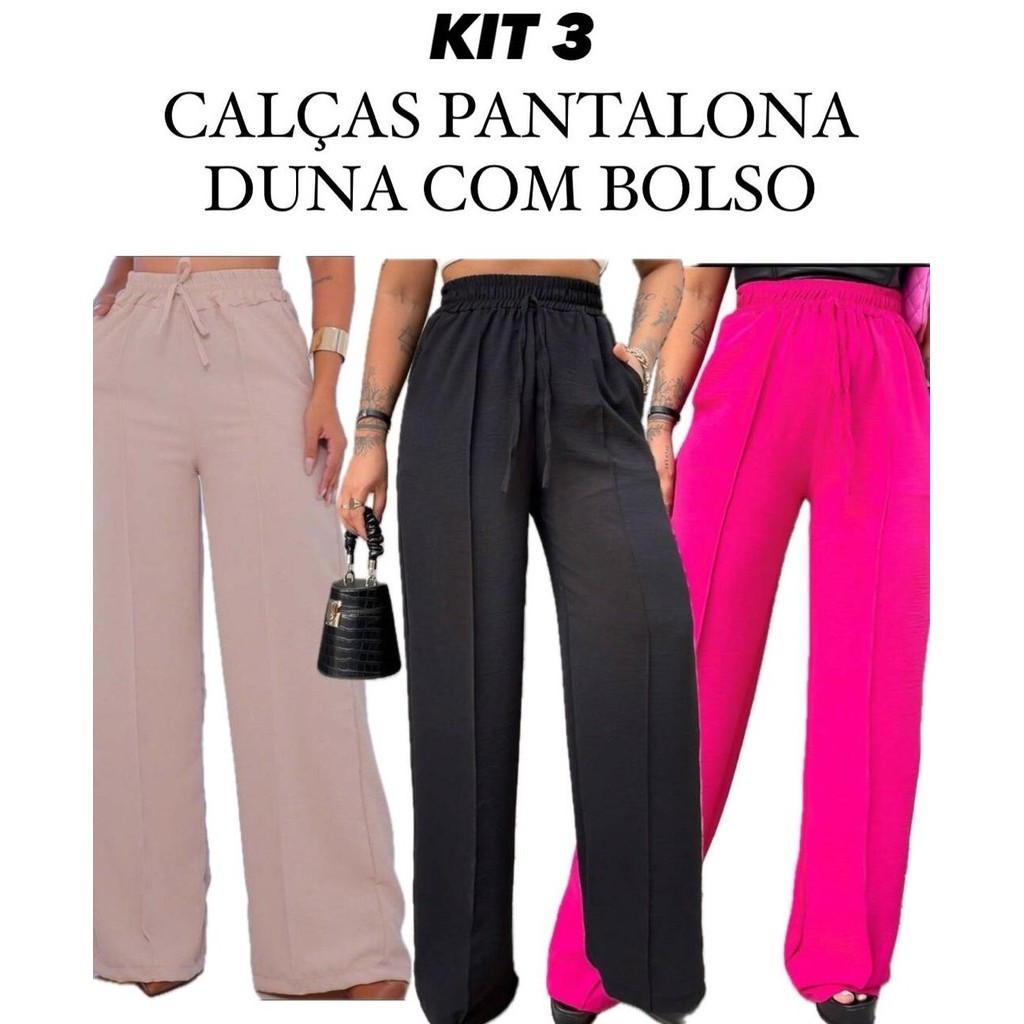 KIT 3 Calça Pantalona duna Feminina Com Bolso Cintura Alta Tecido Premium