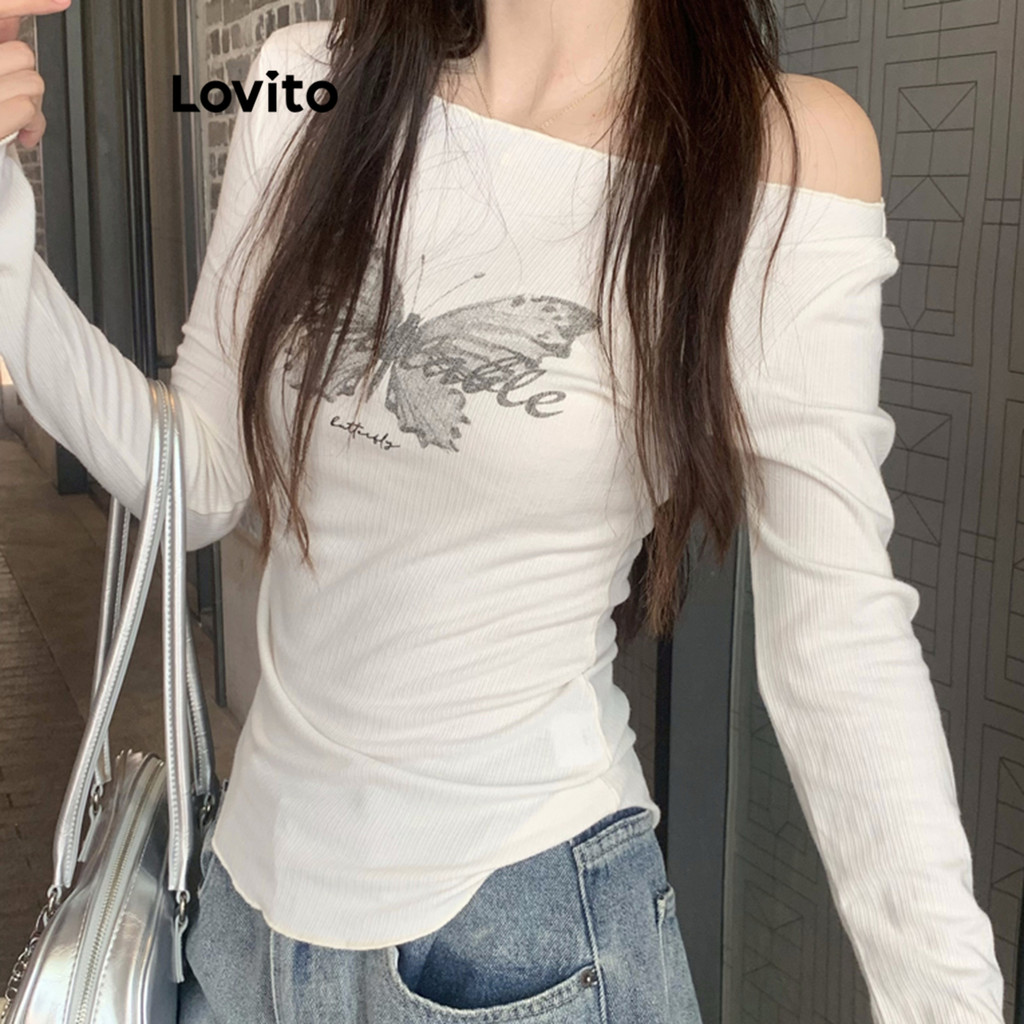 Lovito Camiseta Casual Com Estampa Lisa Para Mulheres LNA74238 em Oferta na Shopee