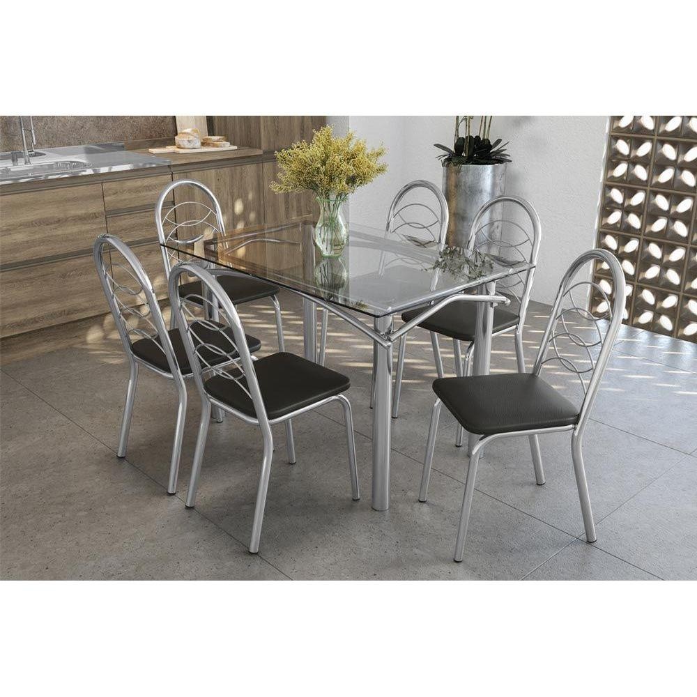 Sala de Jantar Completa Elba c/ Tampo Vidro 120cm + 6 Cadeiras Holanda Cromado/Courano Preto - Kappesberg em Oferta na Shopee