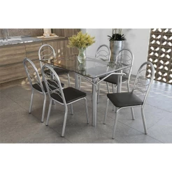 Sala de Jantar Completa Elba c/ Tampo Vidro 120cm + 6 Cadeiras Holanda Cromado/Courano Preto - Kappesberg