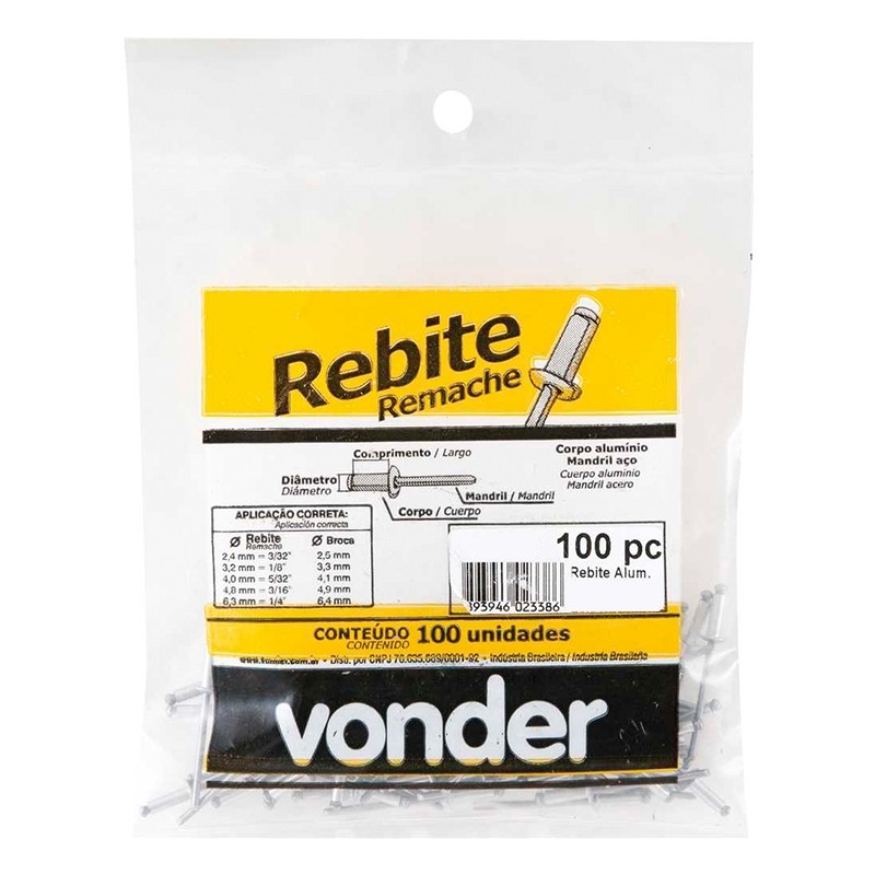 Pacote com 100 Pecas Rebite Repuxo Aluminio Polido 4,0 X 12,0mm Vonder